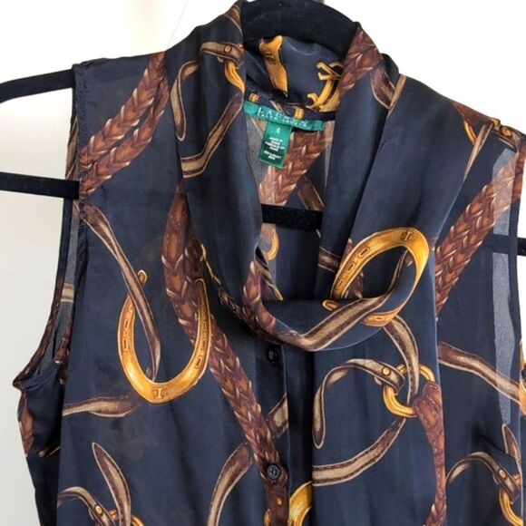 Vintage Ralph Lauren 100% Silk Equestrian Sleeveless Tie Front Blouse - Picture 3 of 12